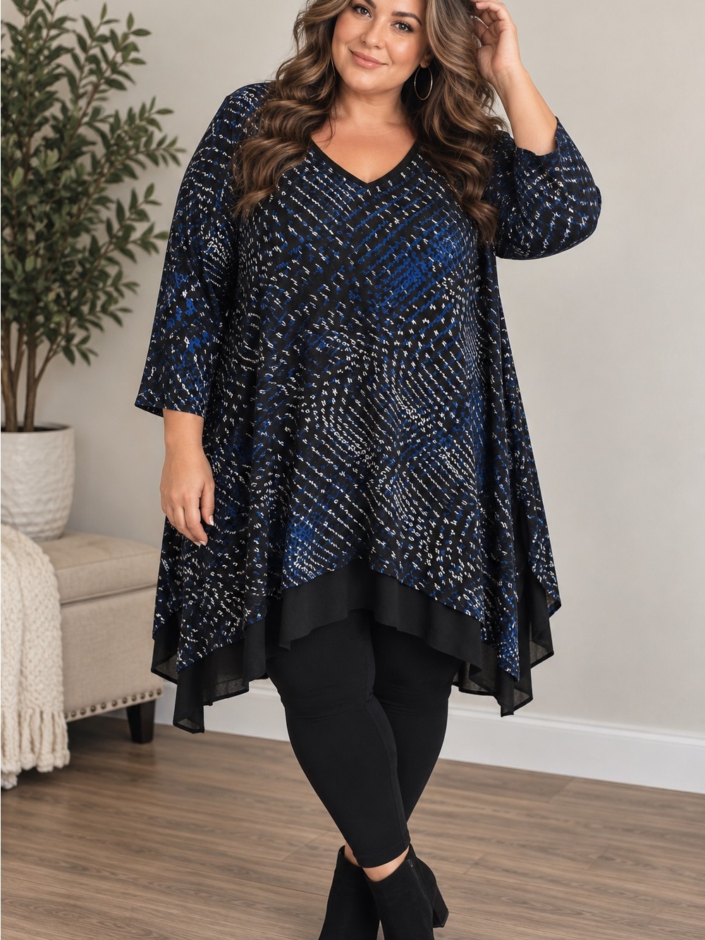 Catherines Plus Size 5X 34/36W Blue Black Abstract Layered Tunic boho